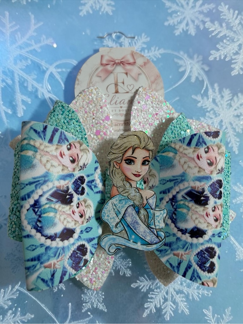 Sparkling Elsa Themed Hair Bow for Kids in Light Blue and White